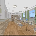 School Modern Learning Space With Bright Lighting Wooden Floors White Walls Green Curtains And Laptops