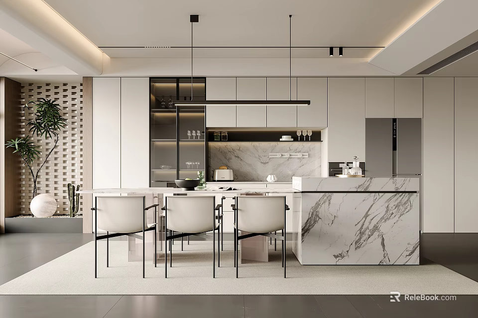 Modern Restaurant Interior Design With Marble Countertop Chairs And Pendant Lighting 3d model 