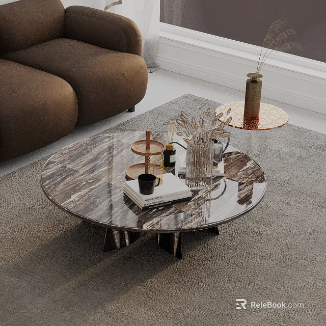Elegant Modern Sofa And Coffee Table Set With Marble Top Brown Sofa And Decorative Items 3d model