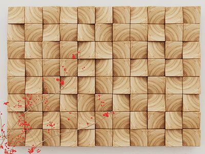 Wooden Wall Decor With Square Wood Grain And Red Berry Twigs 3d model