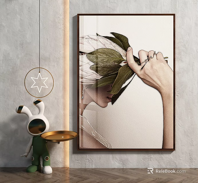 Wall Art With Hand Holding Green Leaves Decorative Figurine Gold Tray And Round Light 3d model 