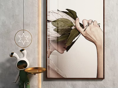 Wall Art With Hand Holding Green Leaves Decorative Figurine Gold Tray And Round Light 3d model