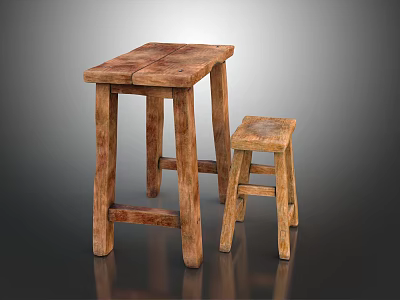 Two Rustic Wooden Stools With Simple Design And Four Legged Textured Structure 3d model