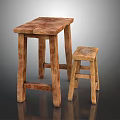 Two Rustic Wooden Stools With Simple Design And Four Legged Textured Structure