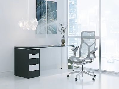 Modern Home Office Desk With Black Drawers And Silver Ergonomic Chair 3d model