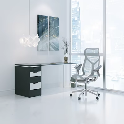 Modern Home Office Desk With Black Drawers And Silver Ergonomic Chair 3d model