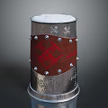 Metal Household Container With White Top Red Pattern Rivets And Decorative Base