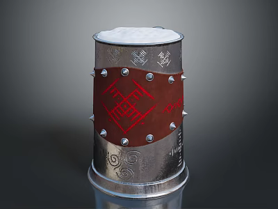 Metal Household Container With White Top Red Pattern Rivets And Decorative Base 3d model
