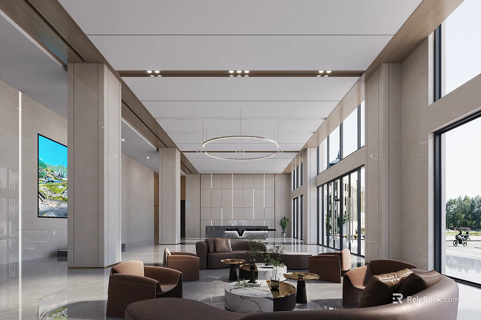 Modern Public Service Hall Interior With Sofas Coffee Tables Large Windows And Ceiling Lights 3d model