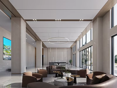 Modern Public Service Hall Interior With Sofas Coffee Tables Large Windows And Ceiling Lights 3d model