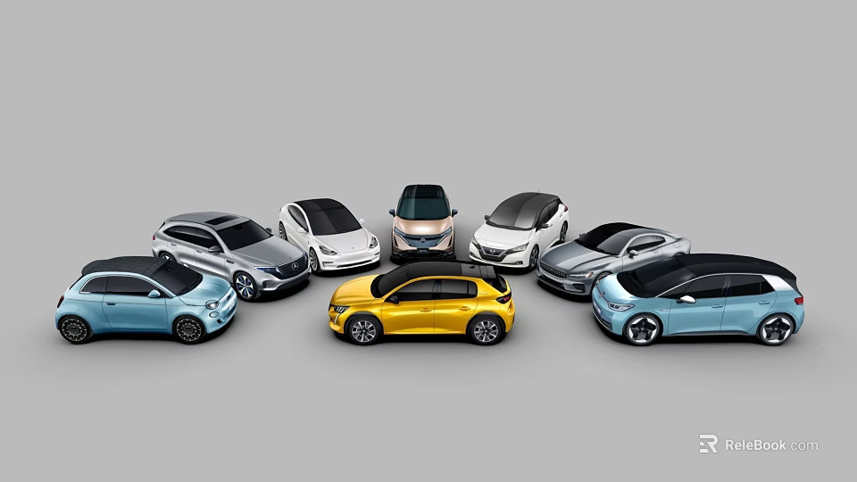 Assorted Colored Car Lineup Featuring Yellow Blue Silver Sedan And SUV Models 3d model 