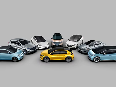 Assorted Colored Car Lineup Featuring Yellow Blue Silver Sedan And SUV Models 3d model