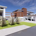 Modern School Building Exterior Design With Brown And White Facade Green Lawn Trees And Courtyard