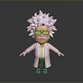 Man In Cartoon Style With White Spiky Hair Glasses Mustache White Lab Coat Arms Outstretched