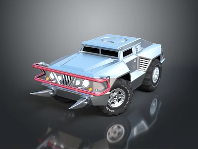Silver Military Vehicle With Spiked Front Armored Body And Large Off Road Tires 3d model