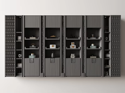 Modern Gray Decorative Cabinet With Open Shelves Ornaments And Storage Compartments 3d model