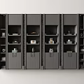 Modern Gray Decorative Cabinet With Open Shelves Ornaments And Storage Compartments