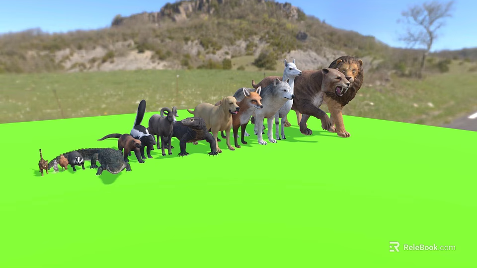 Various Animal Figurines on Green Surface with Mountain and Blue Sky Background 3d model 