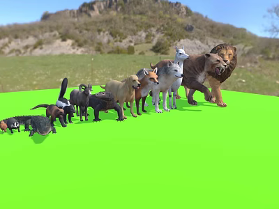 Various Animal Figurines on Green Surface with Mountain and Blue Sky Background 3d model