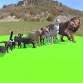 Various Animal Figurines on Green Surface with Mountain and Blue Sky Background