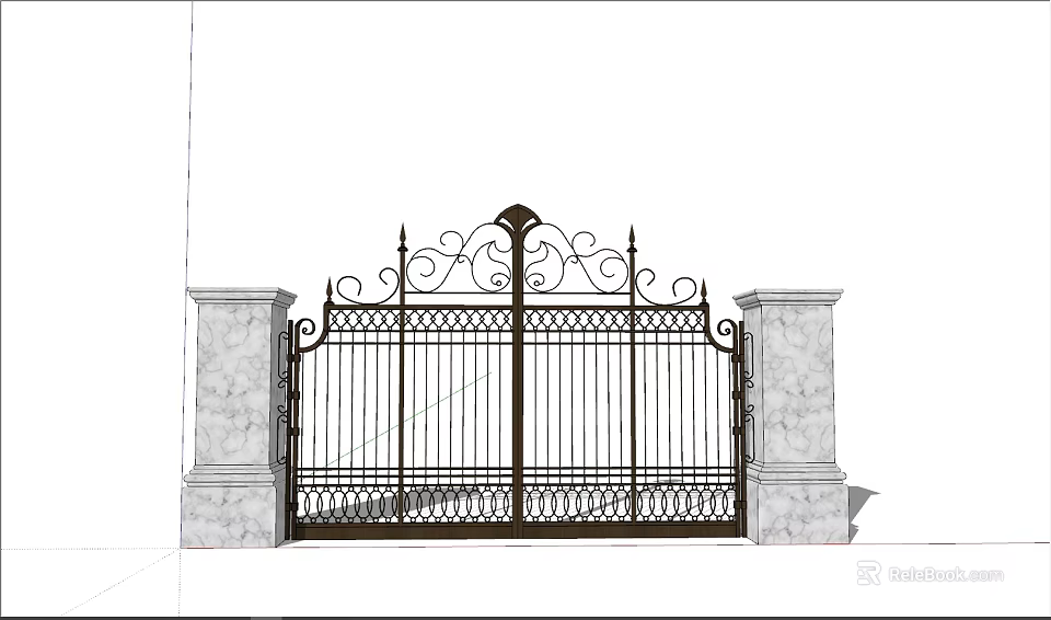 Ornate Iron Entrance Gate With Decorative Patterns And Marble Pillars 3d model 