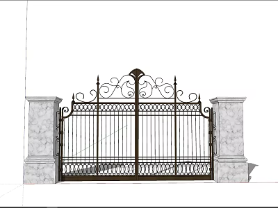 Ornate Iron Entrance Gate With Decorative Patterns And Marble Pillars 3d model