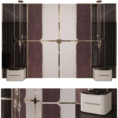 Luxury Modern Bedroom Accent Wall With Purple Velvet Panels And Golden Metal Trim 3d model
