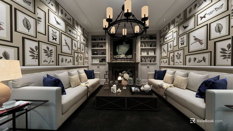 Classic Living Room Interior With Framed Leaf Bird Art Chandelier Fireplace And Sofas 3d model 