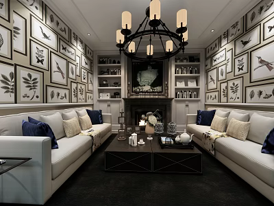 Classic Living Room Interior With Framed Leaf Bird Art Chandelier Fireplace And Sofas 3d model