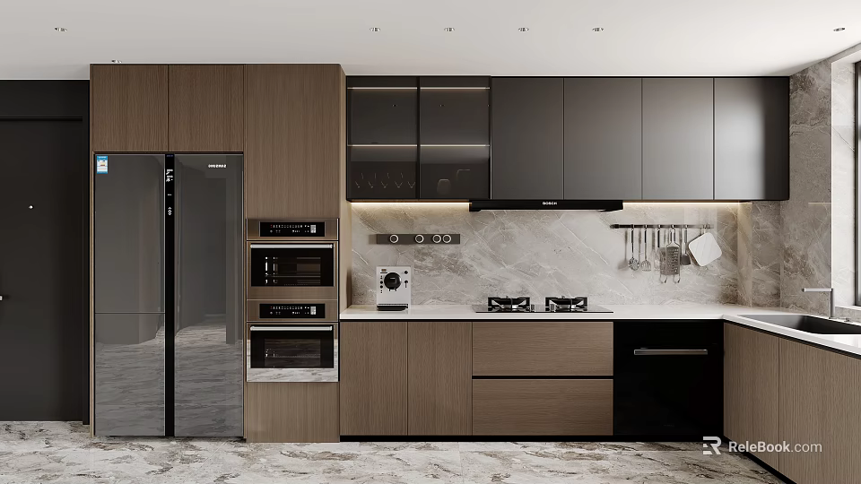 Modern Kitchen Interior With Wooden And Gray Cabinets Marble Countertop And Appliances 3d model 