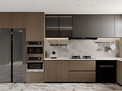 Modern Kitchen Interior With Wooden And Gray Cabinets Marble Countertop And Appliances 3d model