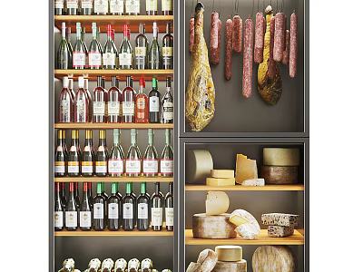 Elegant Wine Cabinet Interior With Organized Wine Bottles Hanging Sausages Ham And Cheeses 3d model