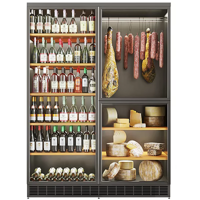 Elegant Wine Cabinet Interior With Organized Wine Bottles Hanging Sausages Ham And Cheeses 3d model