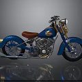 Blue Motorcycle With Red Seat And Chrome Accents On Dark Reflective Surface