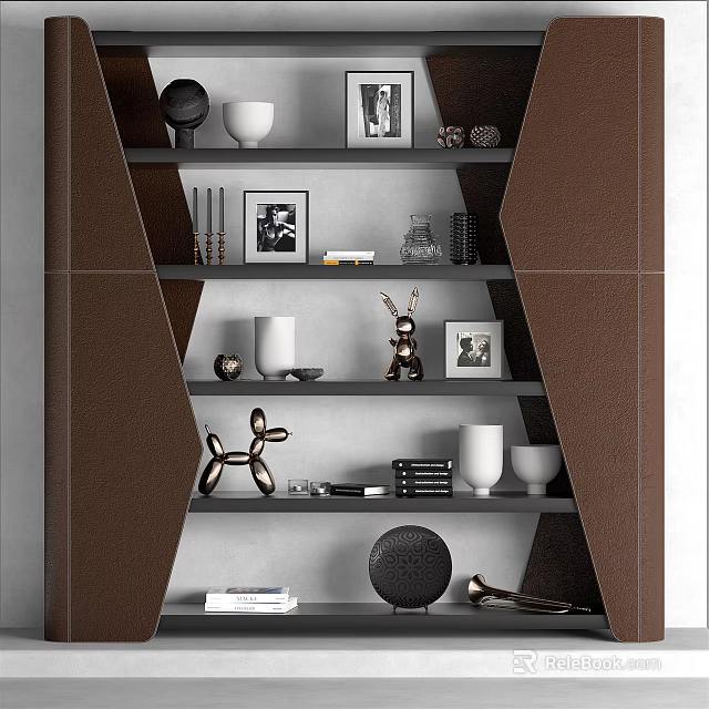 Modern Bookshelf Design With Decorative Vases Deer Sculpture Photo Frames Books And Candle Holders 3d model 