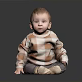 Baby Sitting on Black Reflective Floor Wearing Plaid Sweater Gray Pants and Light Shoes