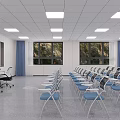 Training Room Interior With Neatly Arranged Blue Chairs Large Windows And Blue Curtains