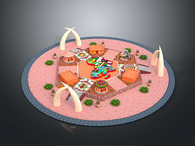 Circular Layout With Colorful Central Structure Small Pavilions White Arches Pink Ground And Green Plants 3d model
