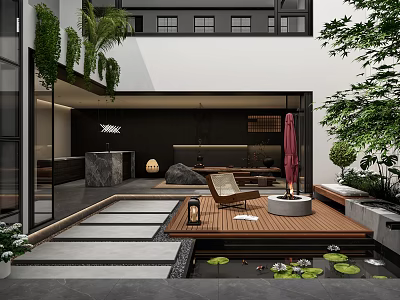 Modern Tea House Courtyard Featuring Water Feature Wooden Deck Green Plants And Stone Decor 3d model