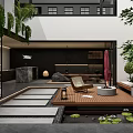 Modern Tea House Courtyard Featuring Water Feature Wooden Deck Green Plants And Stone Decor