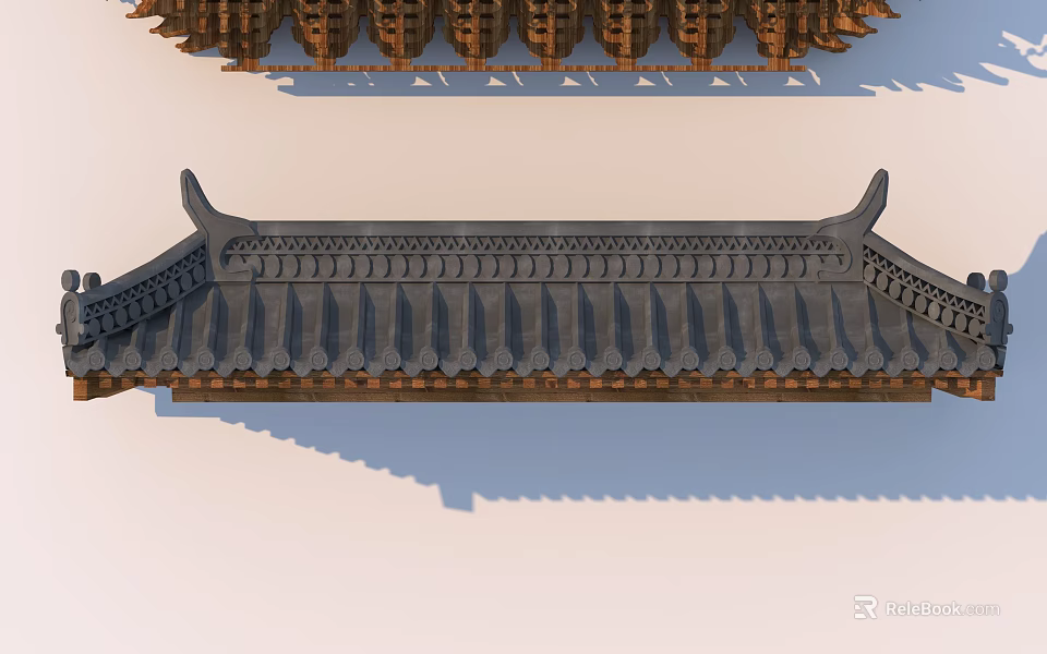 Traditional Chinese Building Facade With Black Tiled Roof And Overhanging Eaves 3d model 