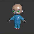 Cute 3D Cartoon Character With Bald Head In Blue Outfit Standing On Black Background