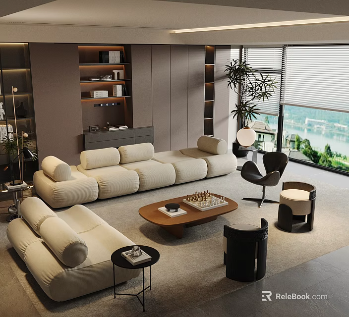 Modern Cream Fabric Sofa And Wooden Coffee Table Combination For Spacious Luxury Living Room Interior 3d model 
