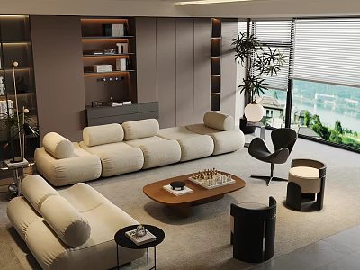 Modern Cream Fabric Sofa And Wooden Coffee Table Combination For Spacious Luxury Living Room Interior 3d model