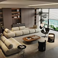 Modern Cream Fabric Sofa And Wooden Coffee Table Combination For Spacious Luxury Living Room Interior