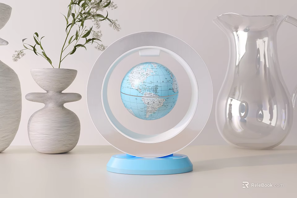 Decorative Ornament Set with Globe Blue Base White Vase and Transparent Glass Vase 3d model 