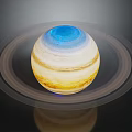 Ringed Planetary Model With Blue Top And Yellow White Stripes Against Dark Background
