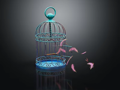 Decorative Ornament Set with Blue Metal Birdcage and Scattered Pink Feathers 3d model