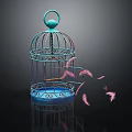 Decorative Ornament Set with Blue Metal Birdcage and Scattered Pink Feathers