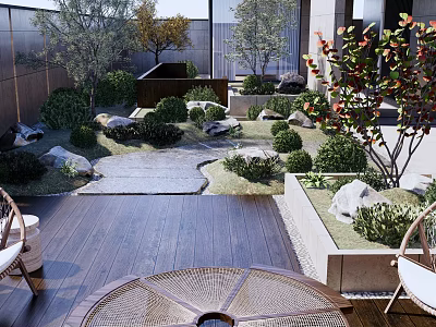 Japanese Zen Garden Design With Wooden Deck Stone Path And Lush Greenery 3d model